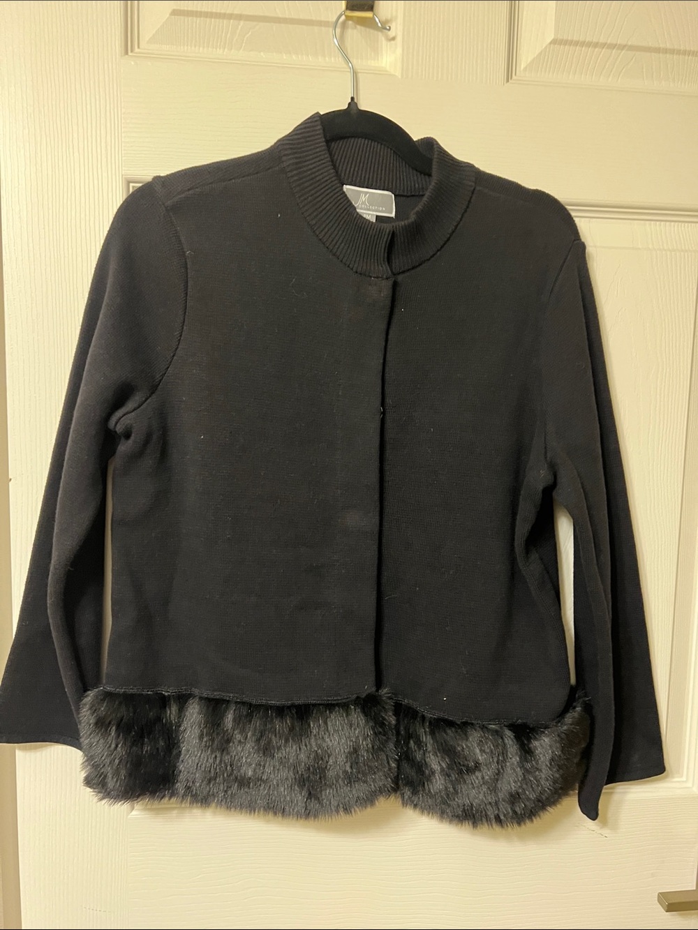 JM Collection Black Knit Cardigan with Faux Fur Hem